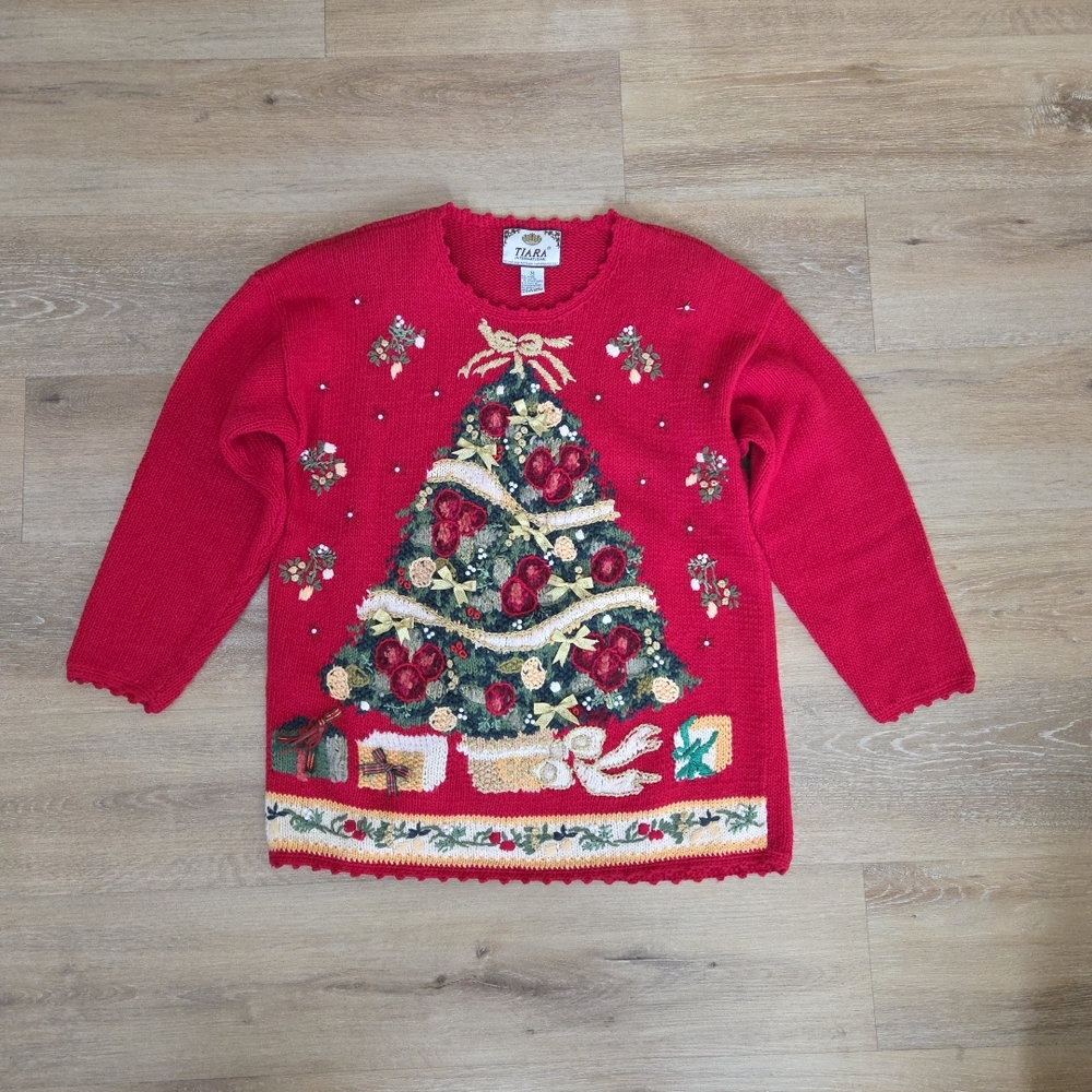 Vintage Tiara International Red Christmas Tree Sweater Embellished Beaded Knit M